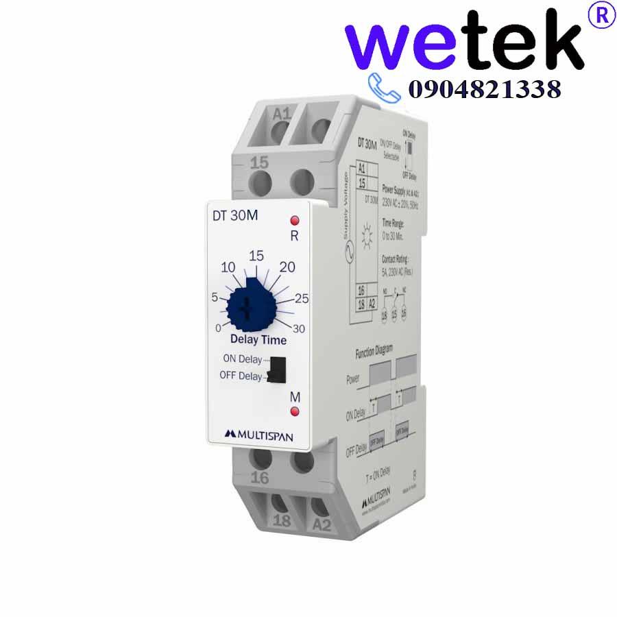 Rơ le thời gian Multispan Ấn Độ DT-10S DT-30S DT-60S DT-30M Timer đóng trễ mở trễ rẻ tốt 10s 30s 60s 30m nguồn 230Vac