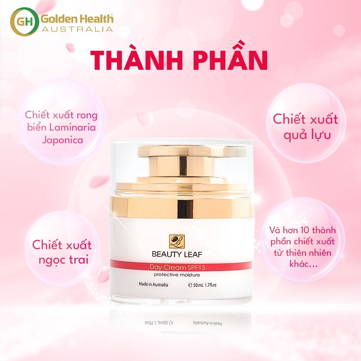 [GOLDEN HEALTH] Kem Dưỡng Trắng Da Ban Ngày, Chống Nắng, Mờ Thâm, Nám, Tàn Nhang Nuôi Dưỡng Làn Da Trắng Sáng Hồng Hào Từ Sâu Bên Trong Beauty Leaf SPF15 50ml