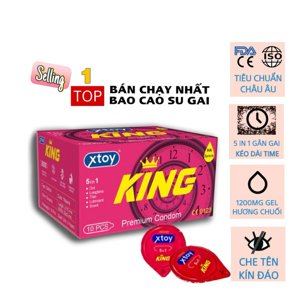 Bao cao su XTOY King 5in1, kéo dài thời gian quan hệ, gân gai, nhiều gel bôi trơn - Hộp 10 bcs