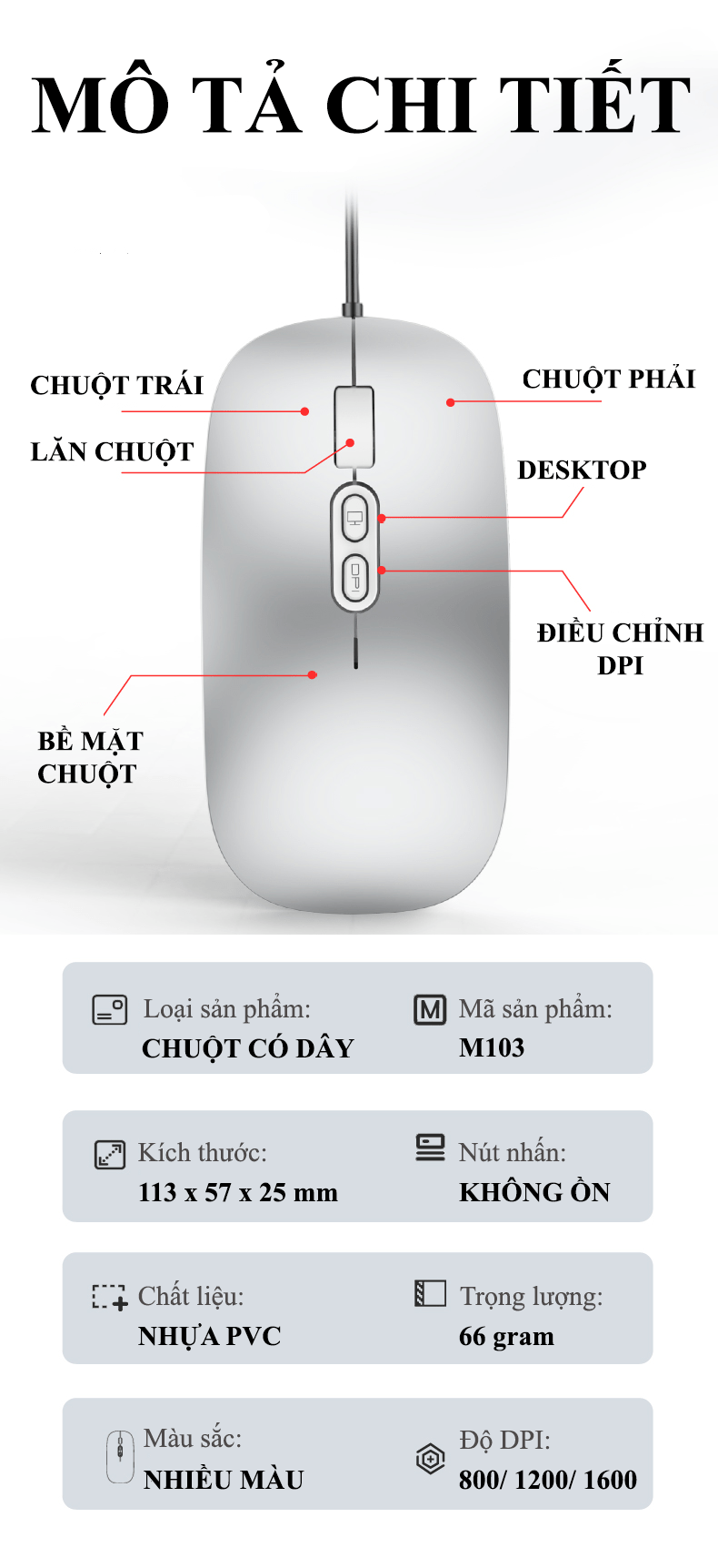 Chuột có dây M103 kết nối bằng cổng USB với 3 mức độ DPI phù hợp để làm việc, chơi game