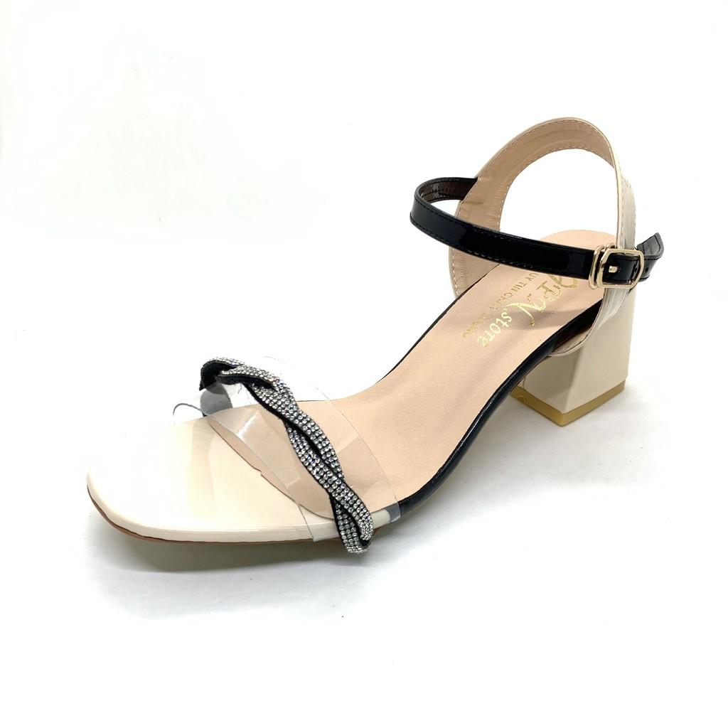 Giày sandal cao gót vuông 6p quai trong kết dây đính xoàn xoắn