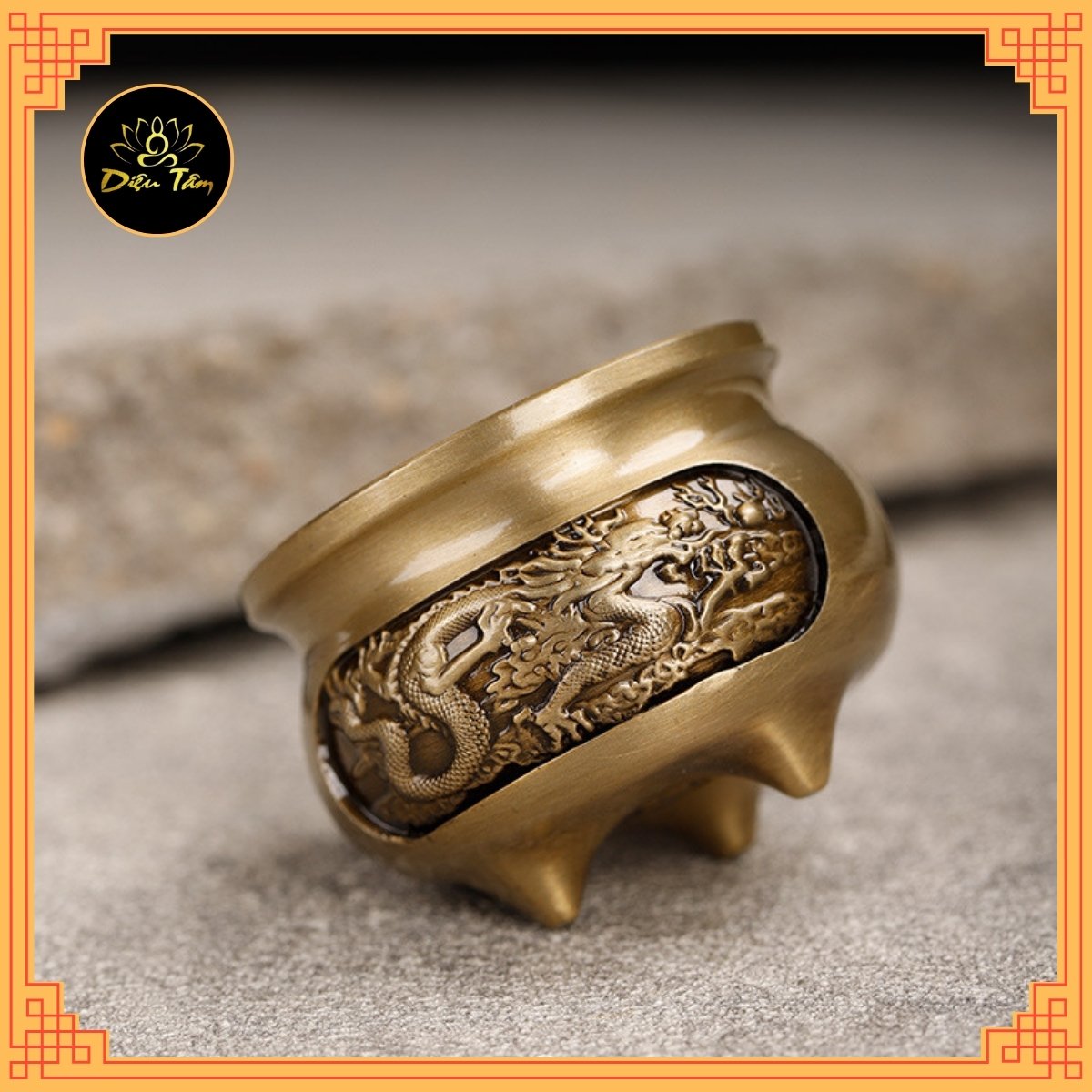 Lư Hương cắm nhang không tăm mini lư xông trầm hương 3 Chân Khắc rồng phượng tặng đế cắm nhang, lư không tăm mini