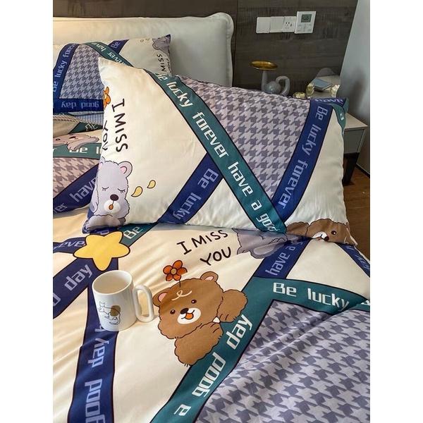 Bộ Chăn Ga Gối Cotton Living 100%cotton Hàng Nhập Khẩu Cao Cấp 4 Món Gấu Teddy