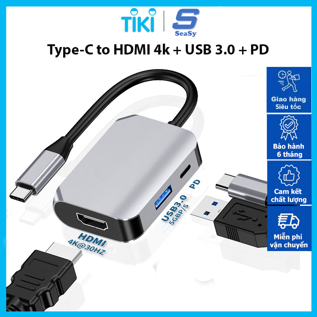 Hub Chuyển Đổi USB TypeC to VGA/HDMI/USB/PD SeaSy HW-6004 ,Cổng HDMI Hỗ Trợ 4K UHD, Cổng VGA Độ Phân Giải Full HD, Cổng USB 3.0 Tốc Độ Cao, Tương Thích Với Macbook pro/Macbook Air/Laptop/Ipad/Smartphone Samsung Dex, Huawei, Oppo– Hàng Chính Hãng