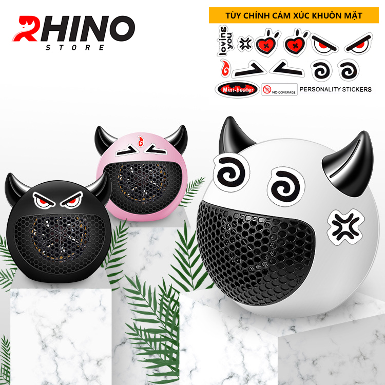 Máy sưởi ấm mùa đông mini Rhino W201 - quạt sưởi tiểu quỷ để bàn văn phòng, kèm bộ sticker cảm xúc tùy chỉnh - Hàng chính hãng