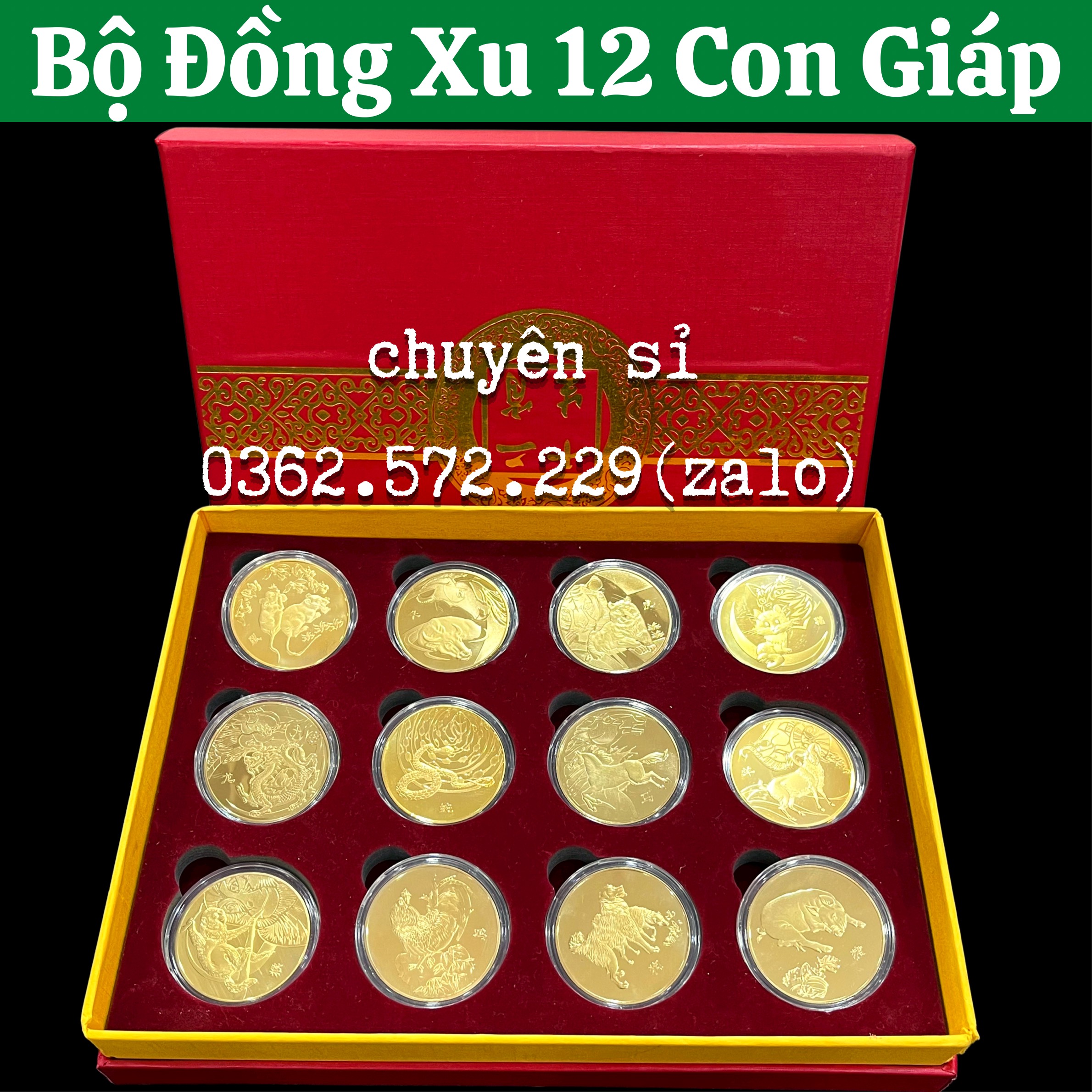 Bộ 12 Xu Con Giáp Gồm Hộp Đỏ Sang Trọng
