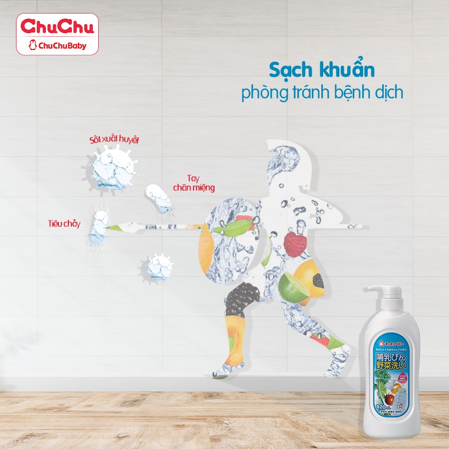 Combo nước rửa bình sữa và rau củ quả Chuchu Baby : chai 820ml + túi 720ml