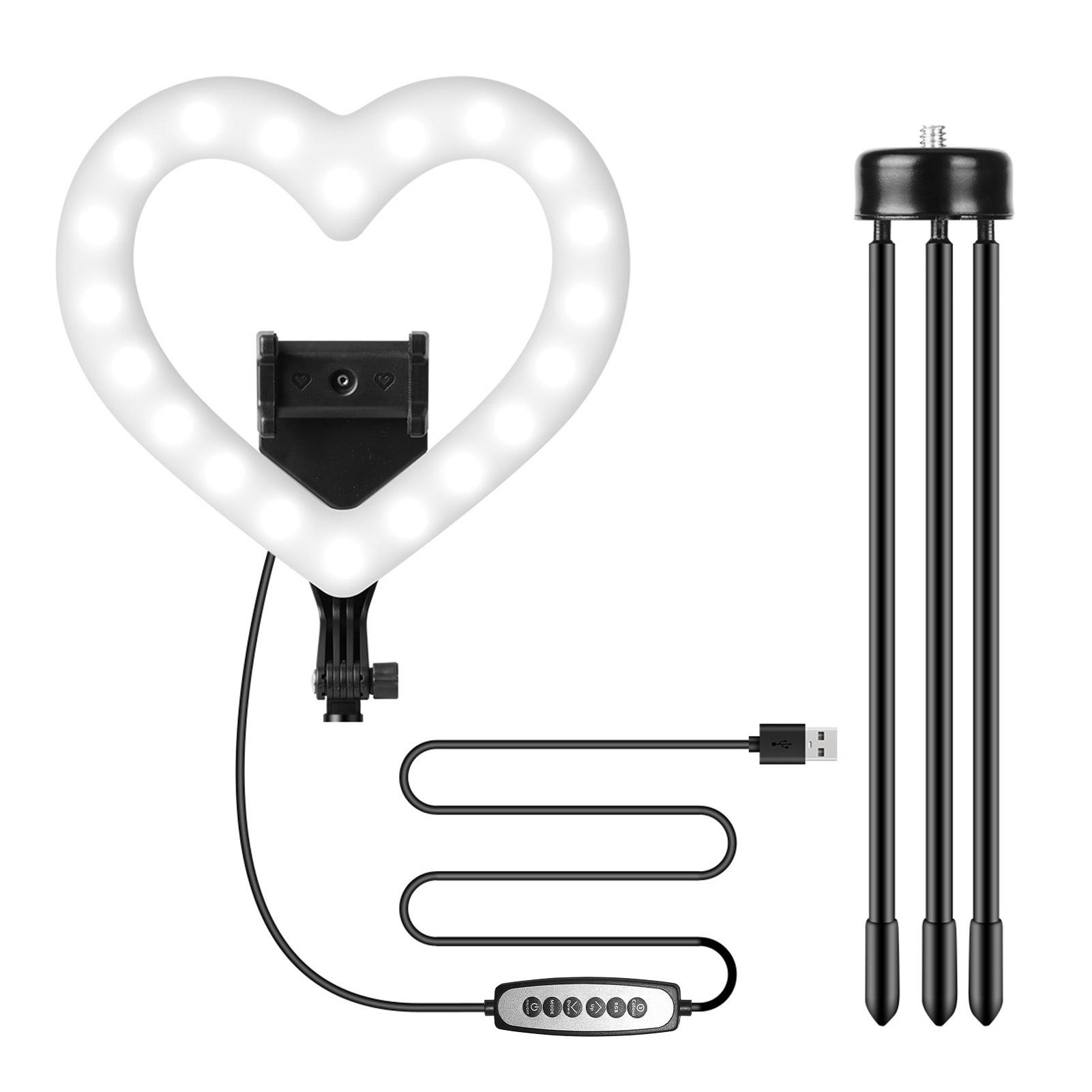 10 Inch RGB Video Light Heart-Shaped LED Fill Light Dimmable USB Powered with Phone Holder Desktop Stretch Light Stand