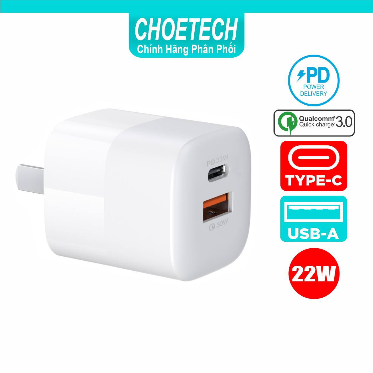 Adapter Củ Sạc 33W PPS/ PD 30W / QC 3.0 1 Cổng Type C 1 Cổng USB Nhỏ Gọn CHOETECH PD5006 Sạc Nhanh iPhone, iPad, Samsung - Hàng Chính Hãng