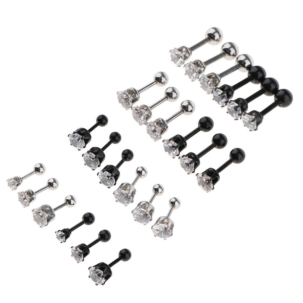 6 Pieces Black Silver Crystal Stainless Steel Ear Navel Belly Stud