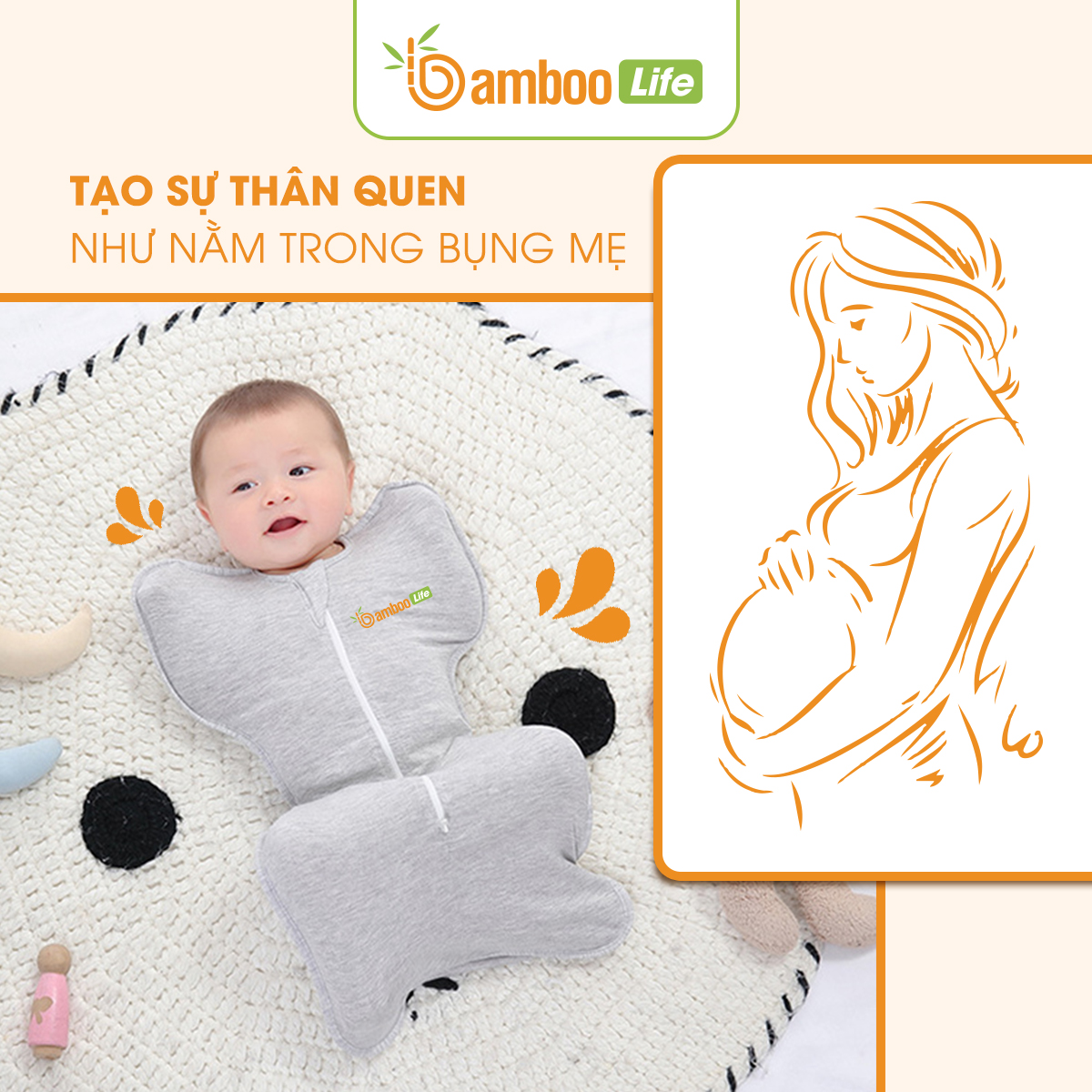 Nhộng chũn Quấn chũn sợi tre Bamboo Life BL069 hàng chính hãng cho bé Túi ngủ cho bé giúp bé ngủ sâu chống giật mình 