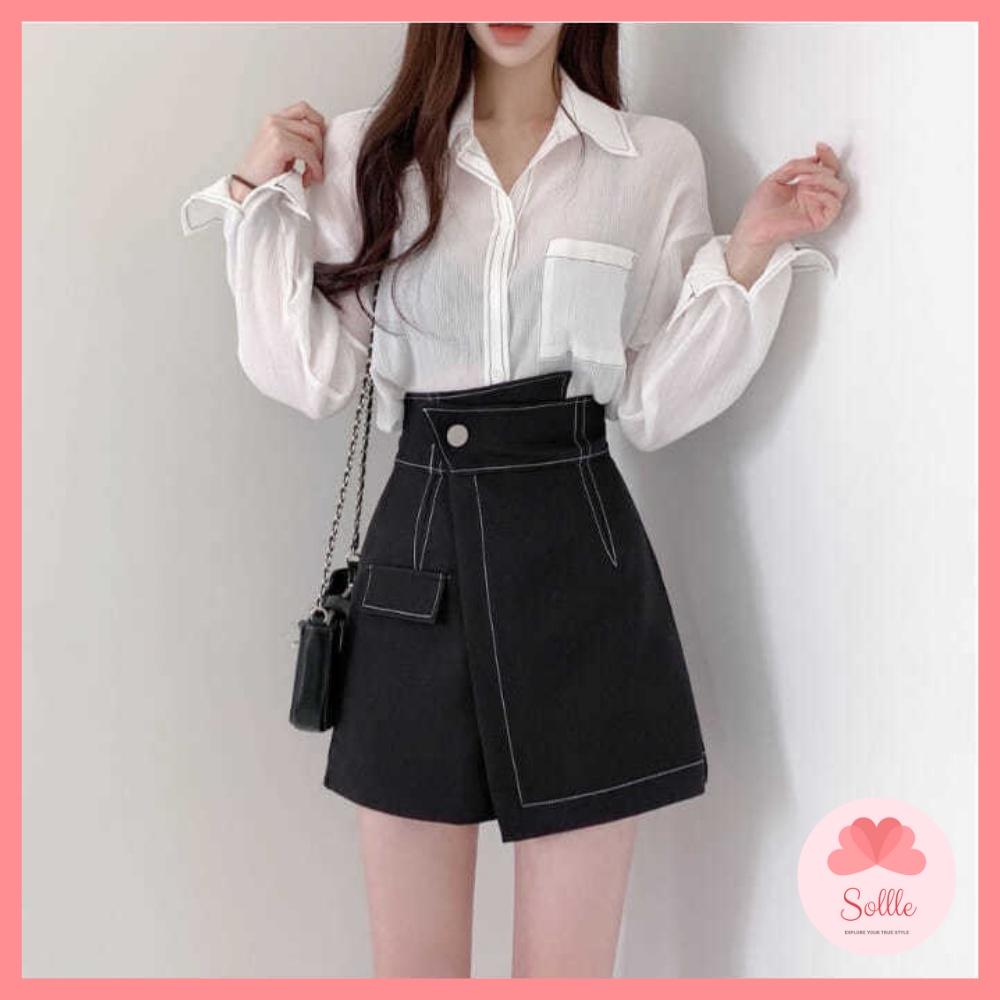 Quần giả chân váy ngắn chữ A viền chỉ nổi công sở phong cách mới Hàn Quốc Sollle