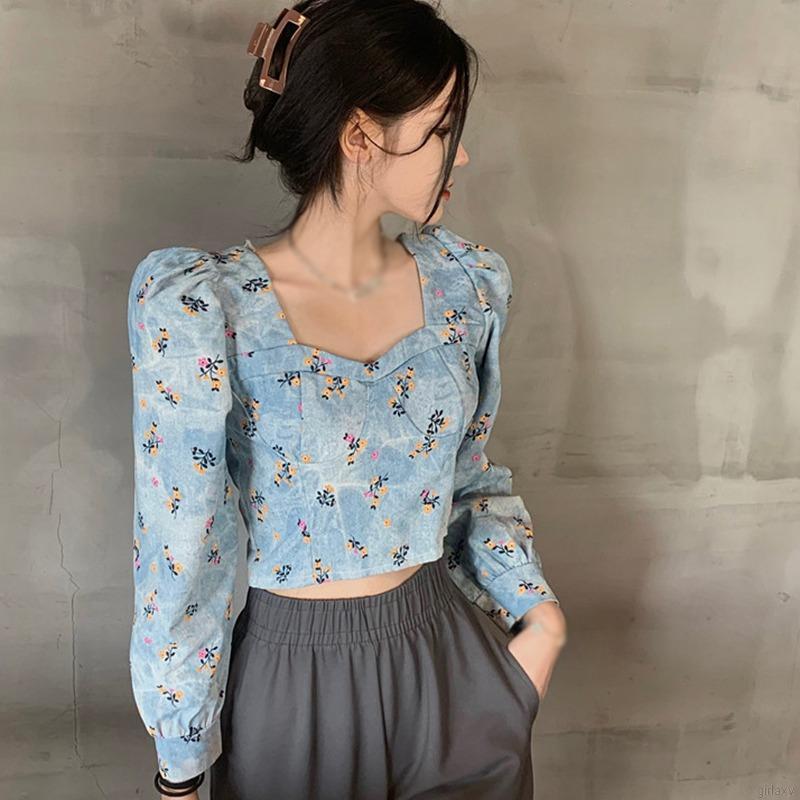 Áo kiểu tay dài cổ vuông họa tiết hoa phong cách retro Hàn Quốc xinh xắn thời trang cho nữ