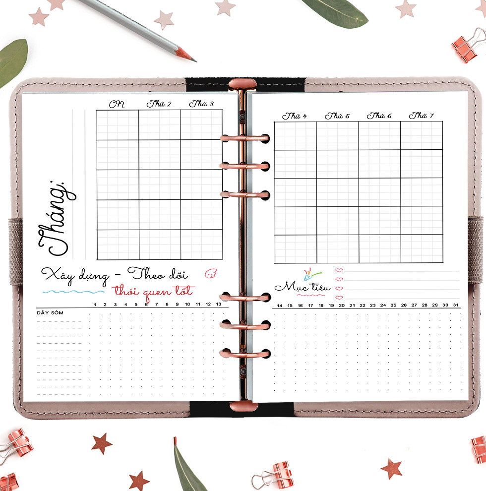 Sổ c.ò.n.g 6 lỗ A5 planner &quot;Kế hoạch trọn đời&quot;  tháng, tuần, ngày in sẵn layout trang trí