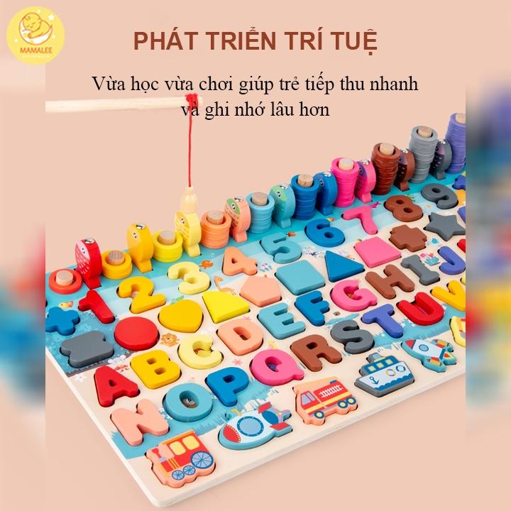 Bộ Bảng Gỗ Câu Cá Và Ghép Hình Phương Tiện Kèm Chữ Cái, Chữ Số, Hình Học - Đồ Chơi Giáo Dục