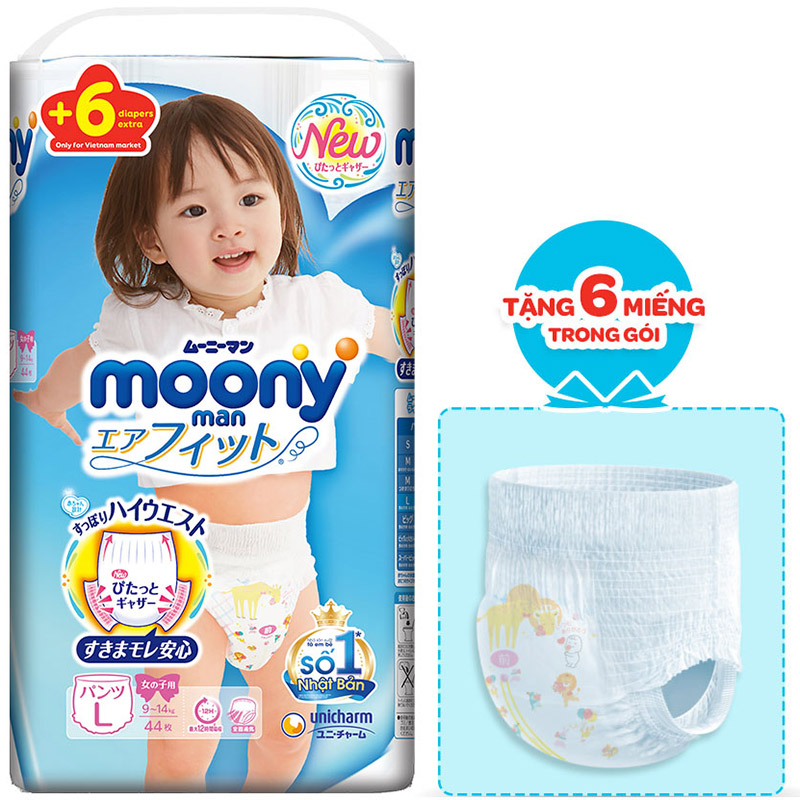 Tã Quần Cao Cấp Moony Nhật Bản Bé Gái L44 (44 Miếng) - Tặng 6 miếng trong gói