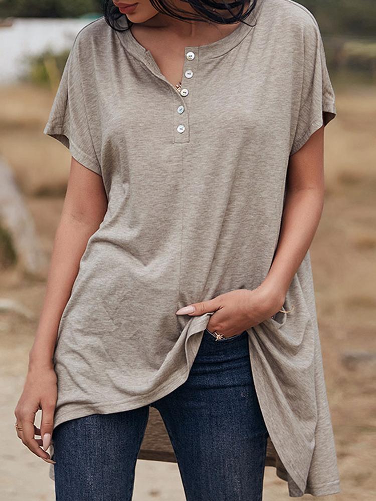 Women Shirt Button Up O Neck Short Sleeve Longer Back Pullover Blouse Casual Loose Tunic Tops