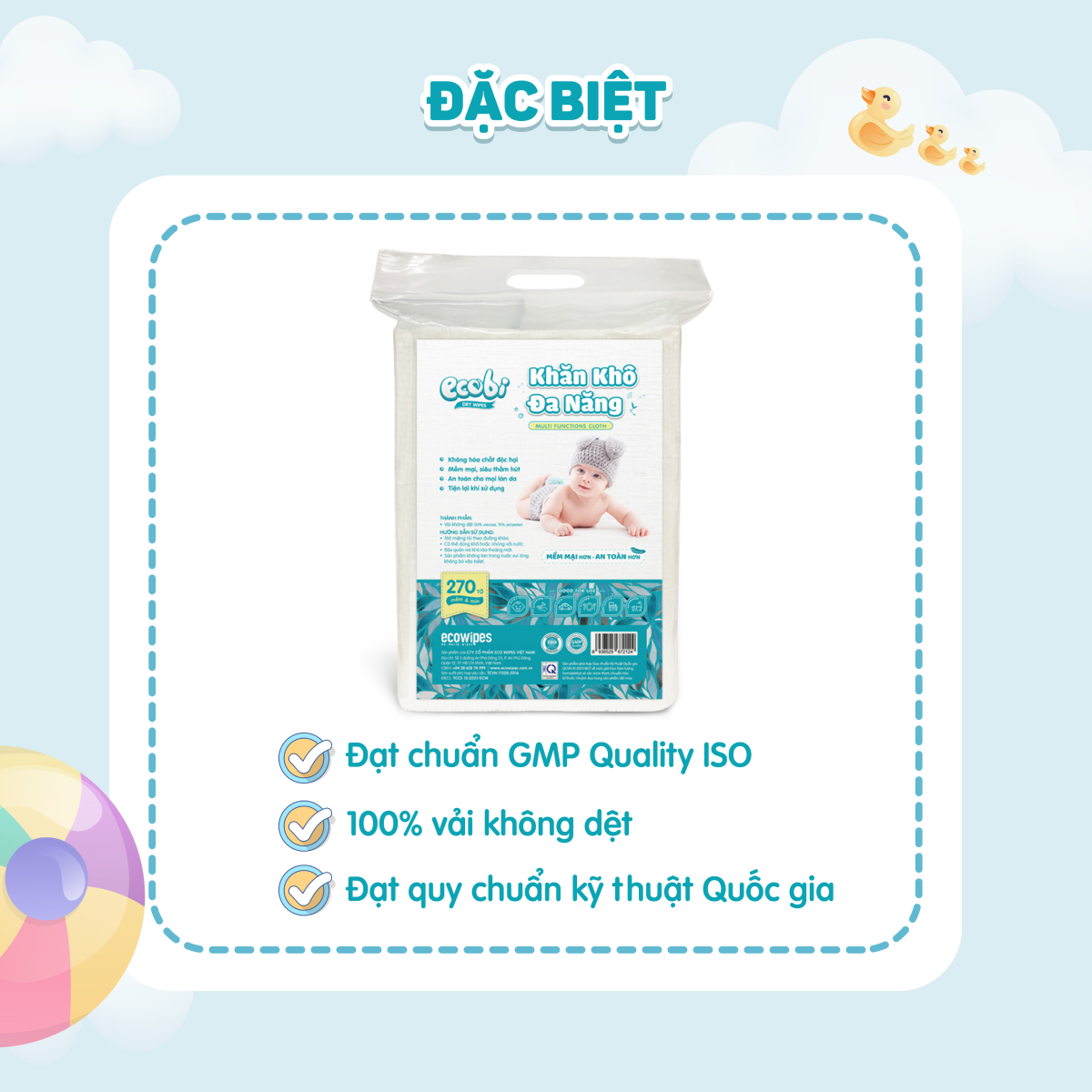 Khăn khô đa năng cao cấp cho bé EcoWipes Ecobi không mùi không paraben an toàn cho da bé