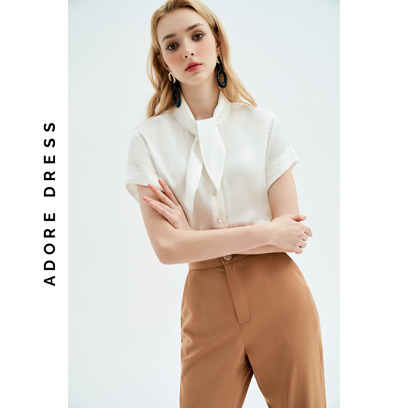 Áo sơ mi Basic shirts official style lụa trơn trắng nơ cổ  313SH0003 ADORE DRESS