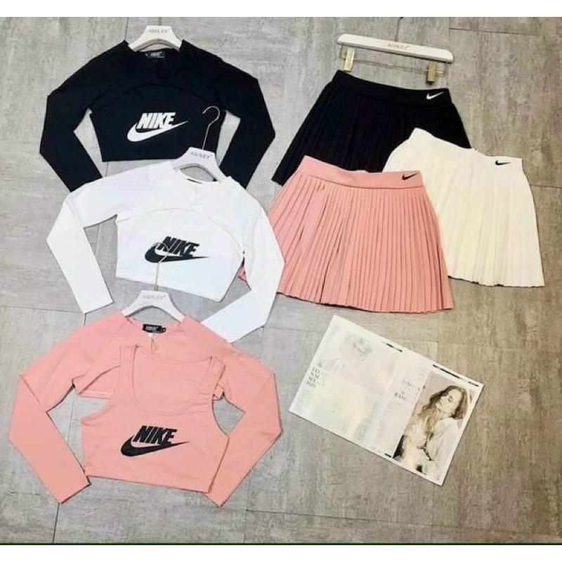 Set bộ 3 món chân váy dập ly kèm áo croptop tay dài