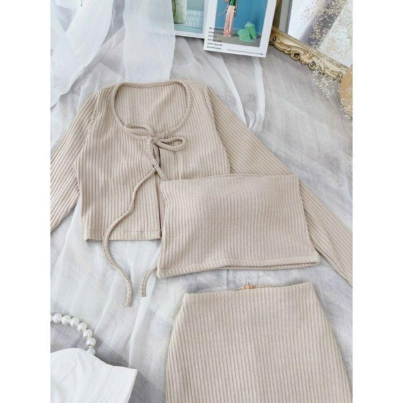 Set trắng kem xanh khoác ngoài cột dây + Áo croptop ngắn + Chân váy