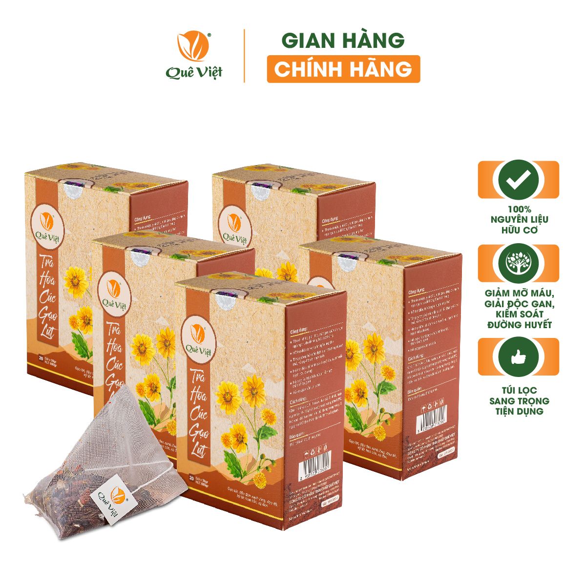 Trà hoa cúc gạo lứt Quê Việt thanh nhiệt, ngủ ngon, điều hoà huyết áp (5 hộp x 600gr/hộp)