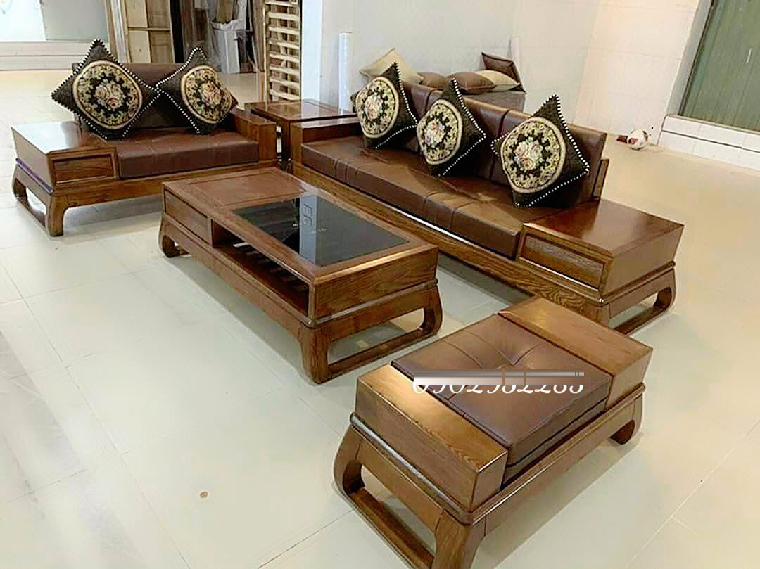 Bộ bàn ghế phòng khách, bàn ghế sofa 2 văng gỗ sồi mẫu hiện đại sang trọng