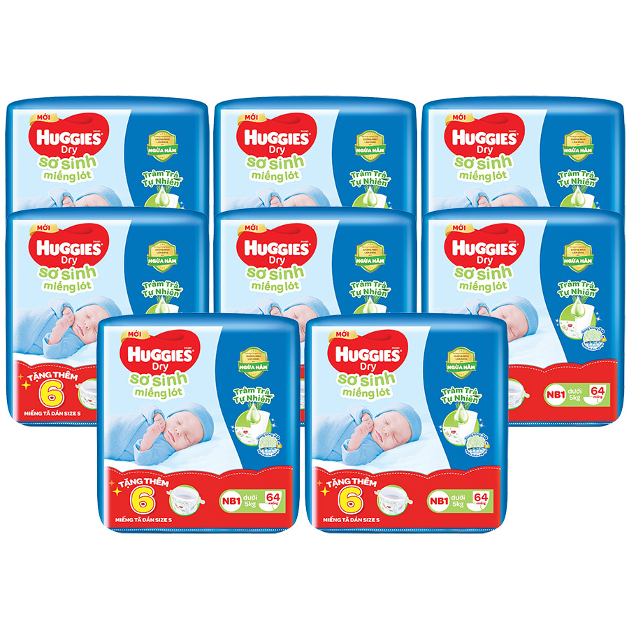 Combo 8 gói Miếng lót sơ sinh NB1 HUGGIES DRY 64 miếng + 6 miếng