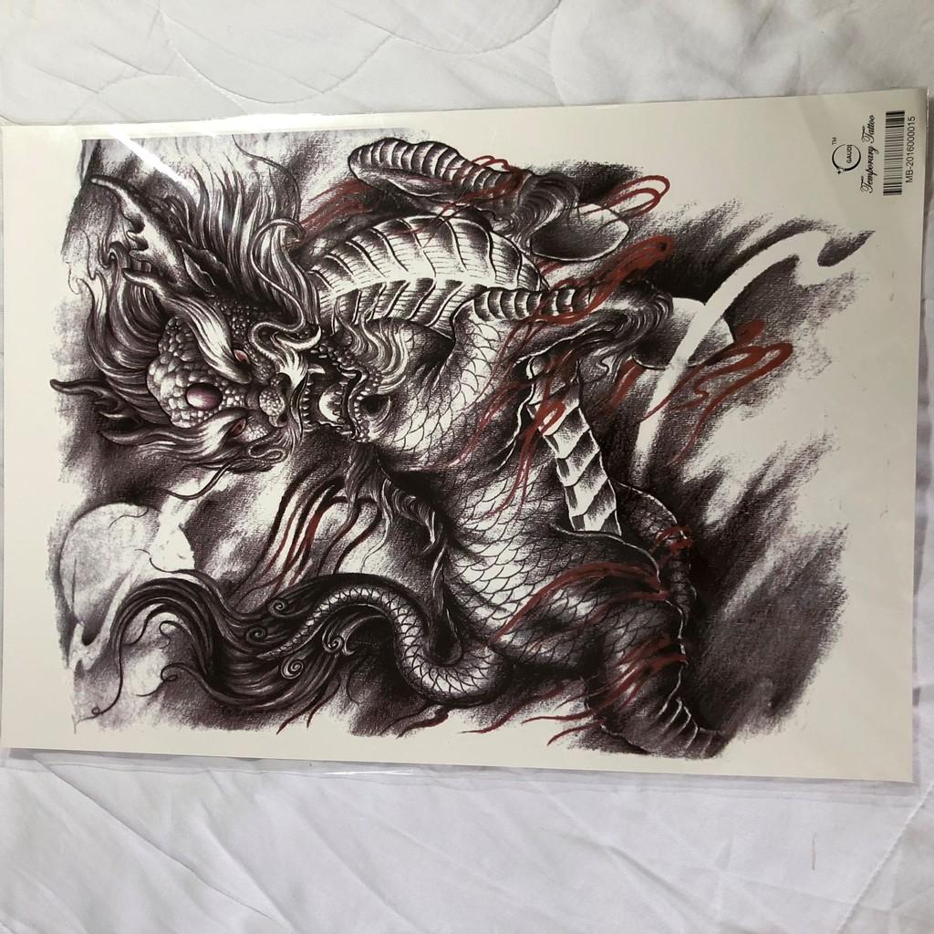 Hình xăm dán kín lưng cao cấp kì lân lửa trắng đen 34x48cm- tặng bắp tay xinh 15x21cm