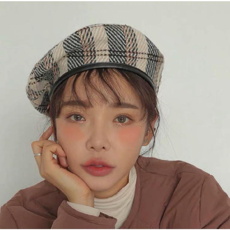 Mũ nồi nữ beret caro viền da cá tính phong cách Hàn Quốc thời trang Thu Đông SAIGON HAT