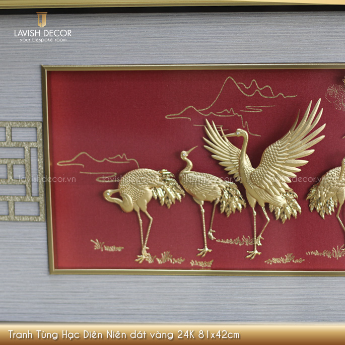 Tranh Tùng Hạc Diên Niên dát vàng 24K 81x42cm