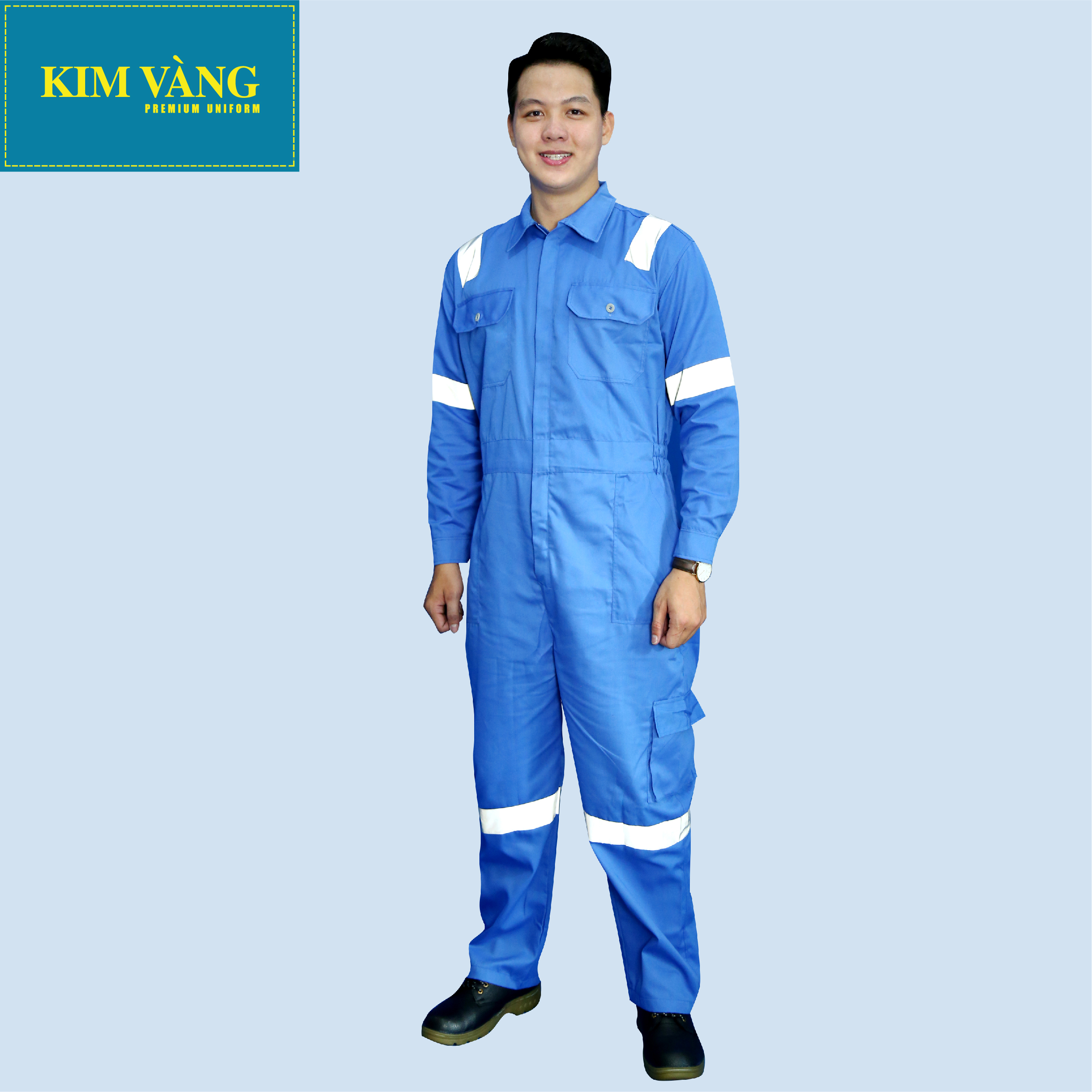 Bộ áo liền quần công nhân dầu khí đồng phục bảo hộ lao động chất liệu Kaki TC cao cấp - Màu xanh nhạt