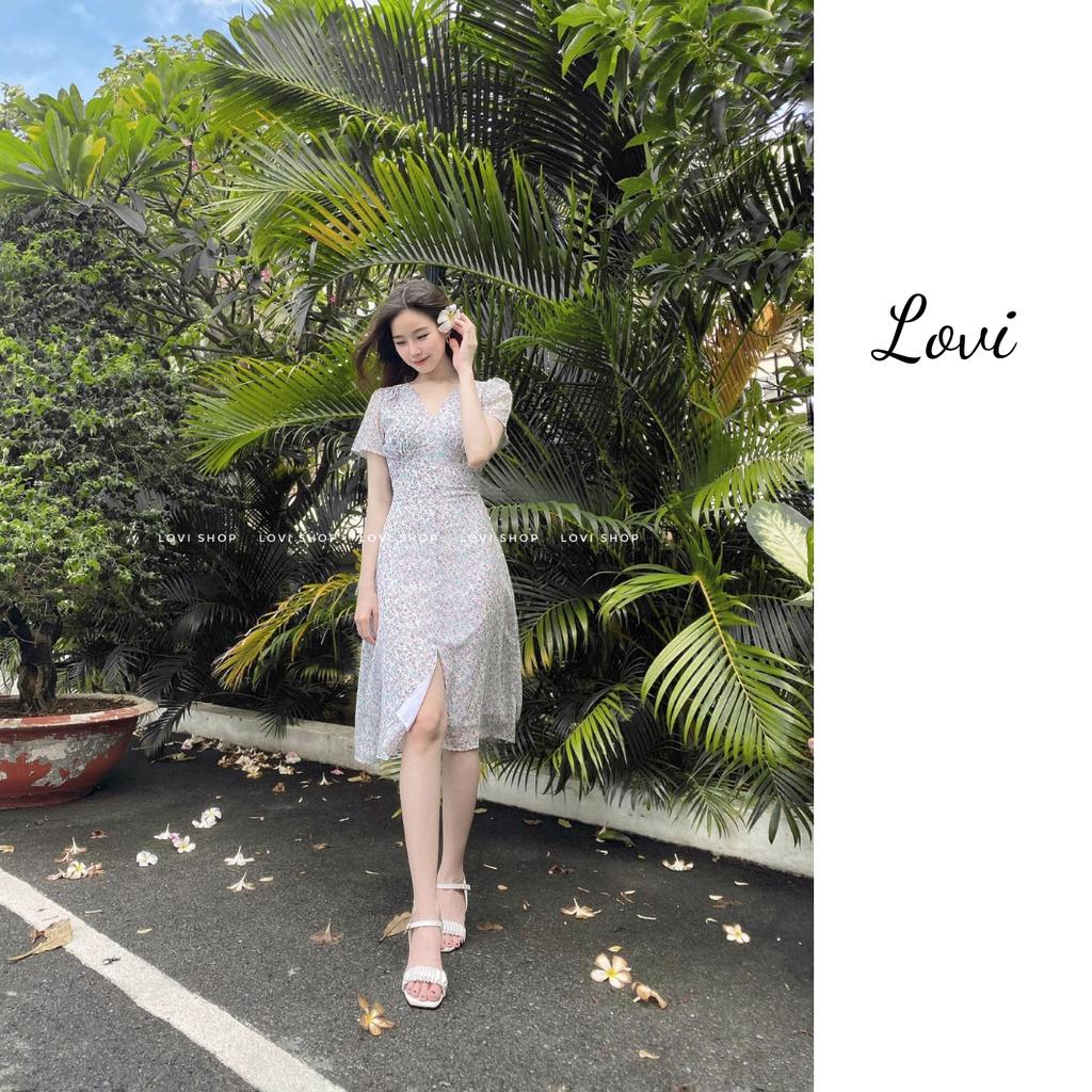 Váy đầm voan hoa nhí thiết kế nút ngọc cổ V phong cách thiểu thư vintage Lovi
