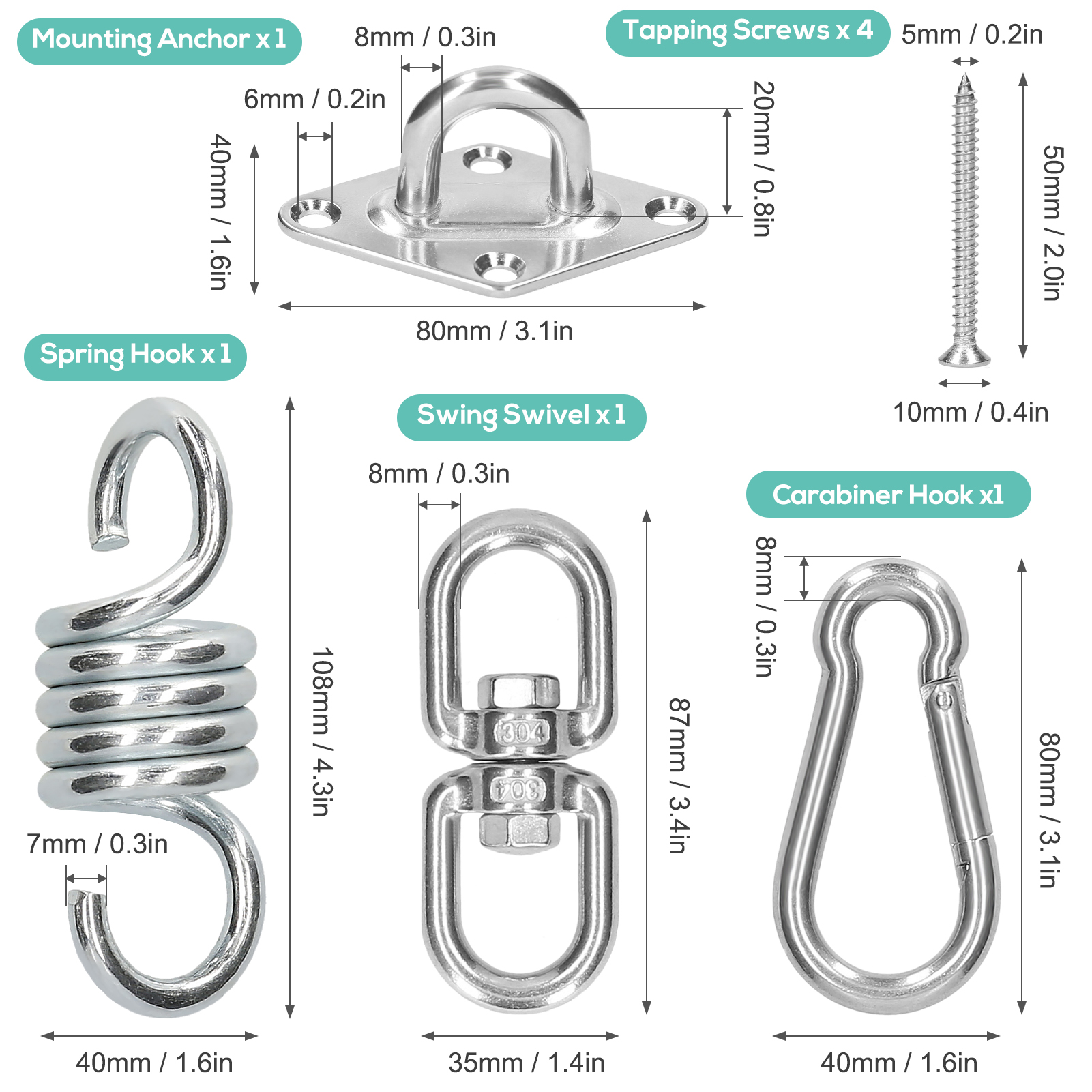 Bộ móc treo xích đu hạng nặng bằng thép không gỉ có độ bền cao, chắc chắn