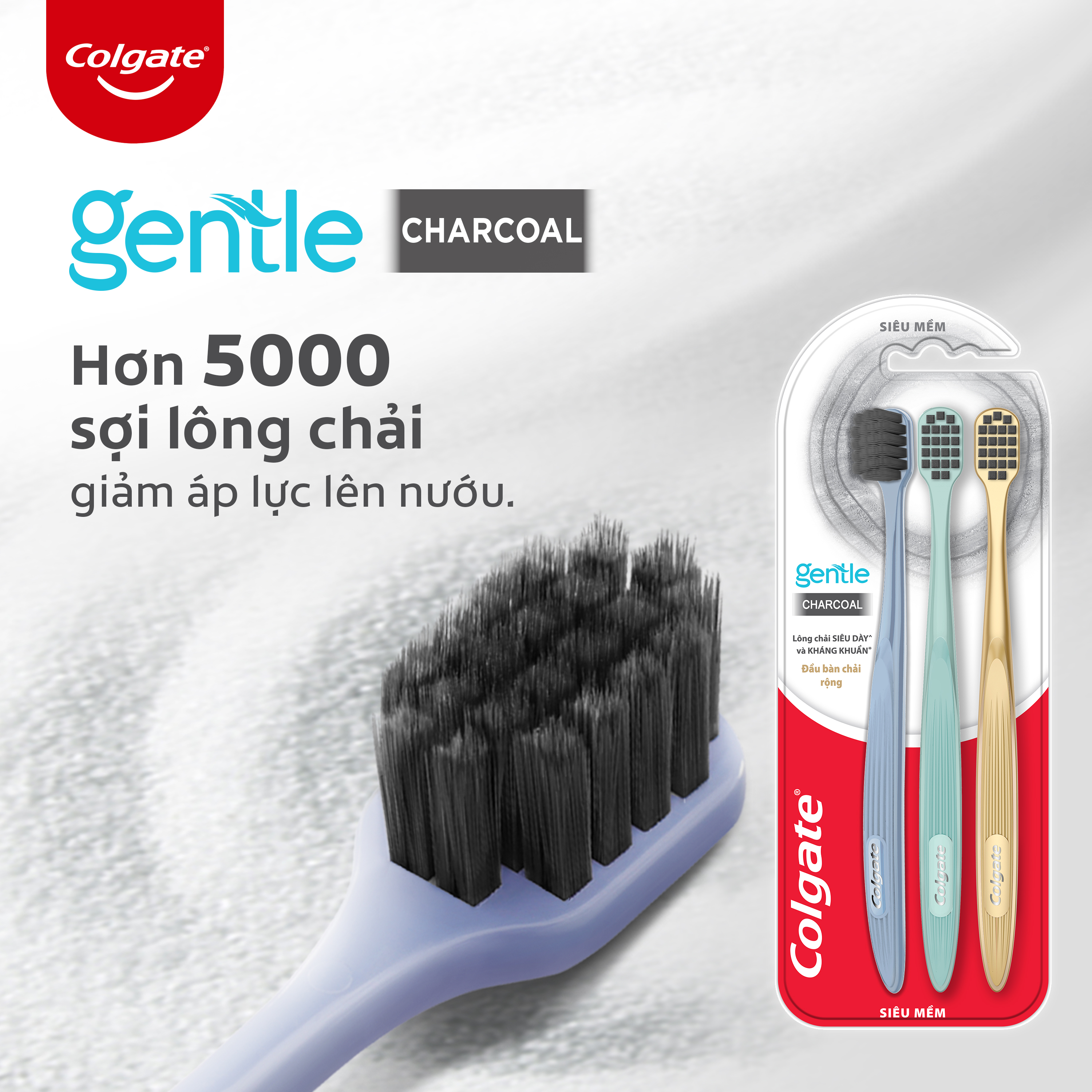 Bộ 6 bàn chải Colgate Gentle Comfort Charcoal đầu chải rộng, than hoạt tính kháng khuẩn