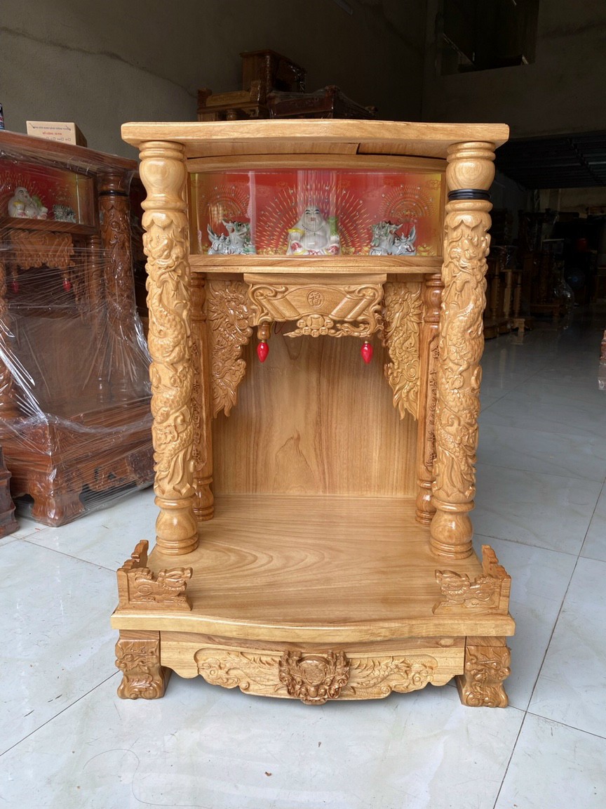 Bàn thờ thần tài ông địa có hộp đèn gỗ gõ ngang 50 -60 cm ,bàn thờ gỗ cao cấp