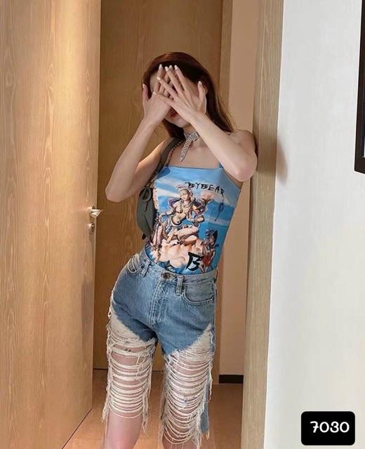 Quần jean ngố, quần bò ngố, quần jeans lửng ngói rách tua rua -8sT