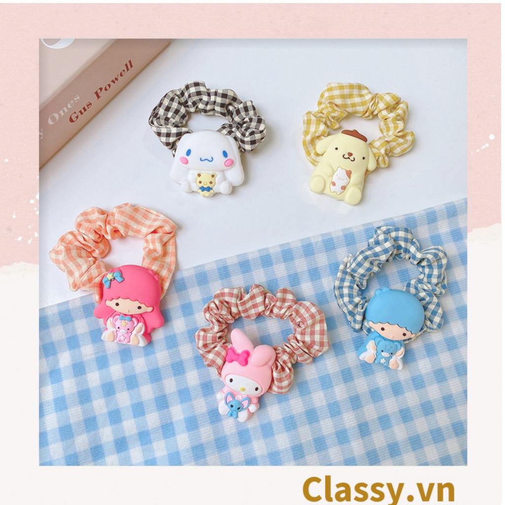 Dây cột tóc Classy scrunchies bằng vải kẻ sọc, đính họa tiết hoạt hình cún, gấu mix hàn quốc dành cho nữ PK1653