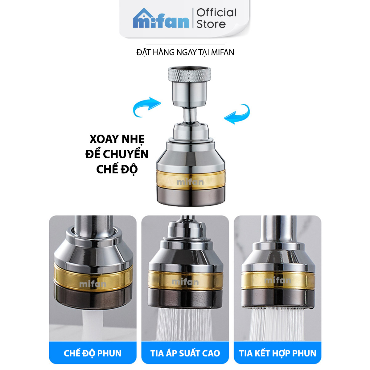 Đầu vòi rửa bát tăng áp đồng thau inox 304 cao cấp Mifan - 3 Chế độ phun cực mạnh, xoay 360 - Sử dụng cho bồn rửa chén bát
