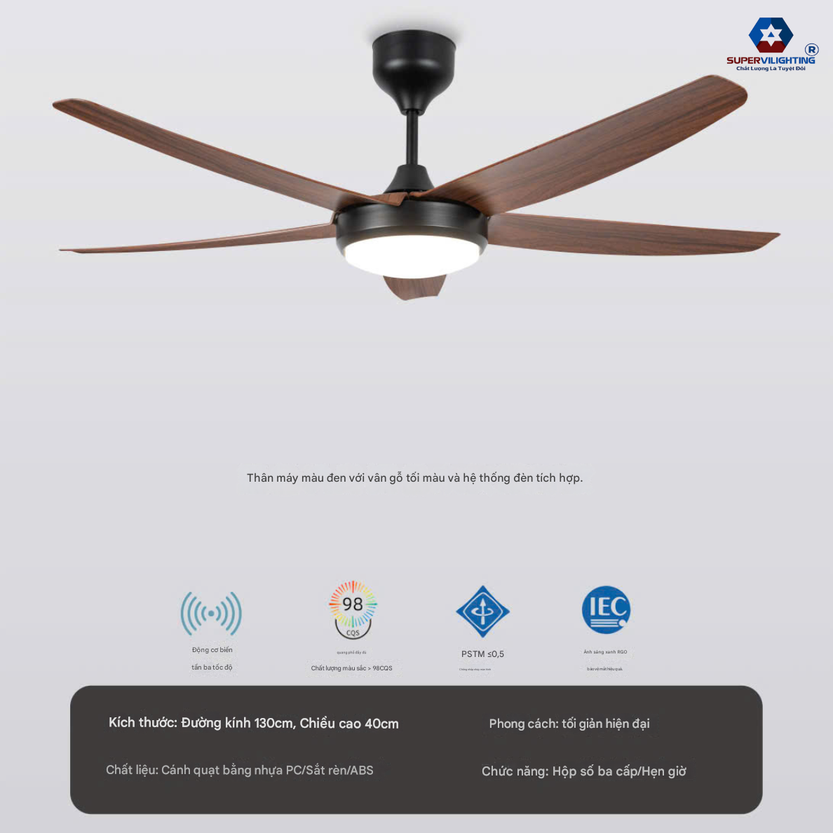 Quạt Trần Đèn Trang Trí Supervilighting Hàng nhập khẩu 5 Cánh Gỗ Cao Cấp Động Cơ DC 55W Tiết Kiệm Điện Cánh 1.32m