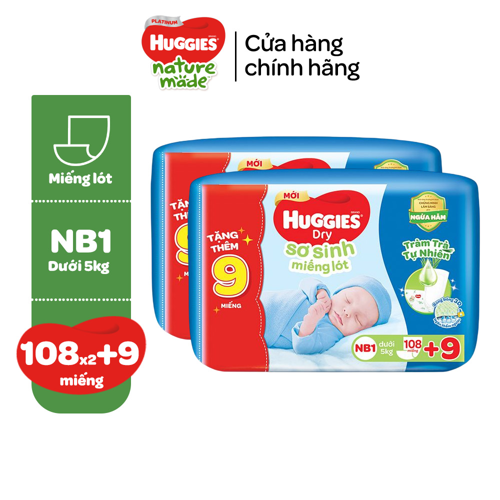 [Tặng kèm tã] Combo 2 Miếng lót Sơ Sinh Huggies Tràm Trà NB1 64 miếng/108 miếng