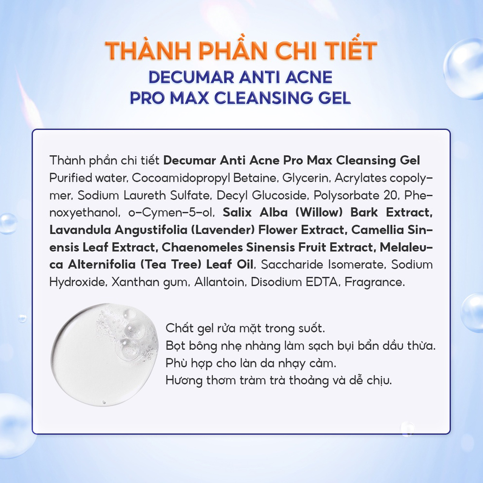 Gel Rửa Mặt Ngừa Mụn, Mờ Thâm,Ngừa Sẹo,Tái Tạo Da Decumar Anti-Acne Promax Cleansing Gel