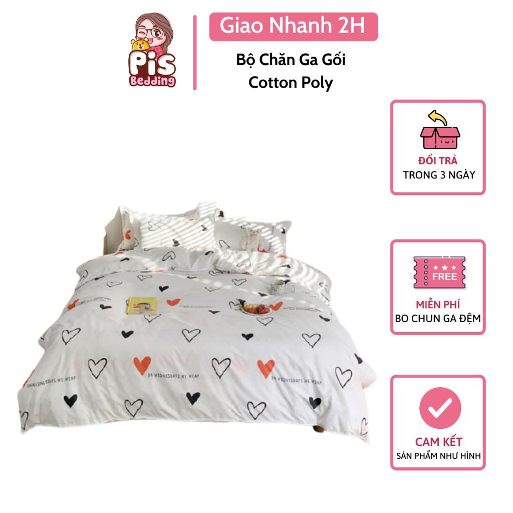 Bộ Chăn Ga Gối Poly Cotton Tim Trắng Caro