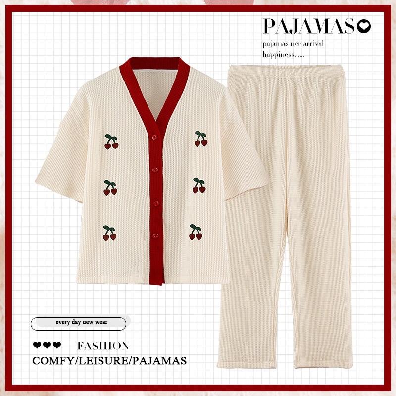 Bộ Mặc Nhà Pyjama Áo Cộc Quần Dài Cổ V Chất Cotton Thấm Hút Co Dãn Mềm Mại