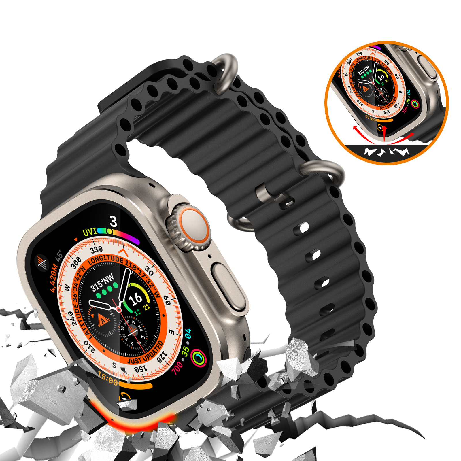 Miếng Dán Màn Hình Kính Cường Lực Tích Hợp Khung Viền Kim Loại cho Apple Watch Ultra / Apple Watch Ultra 2 49mm - Hàng Chính Hãng