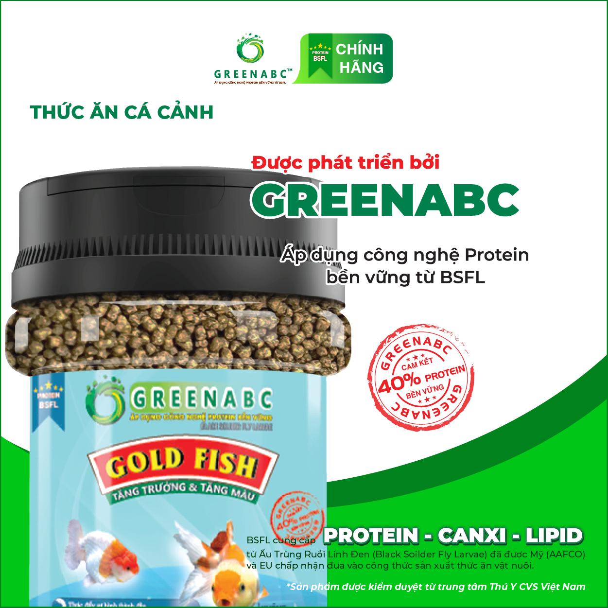 Thức ăn GoldFish GREENABC – Cá 3 đuôi – Cá vàng– Hàm lượng protein 40% giúp thúc đẩy hình thành đầu, lên màu đẹp, dáng đẹp – Hộp 50g