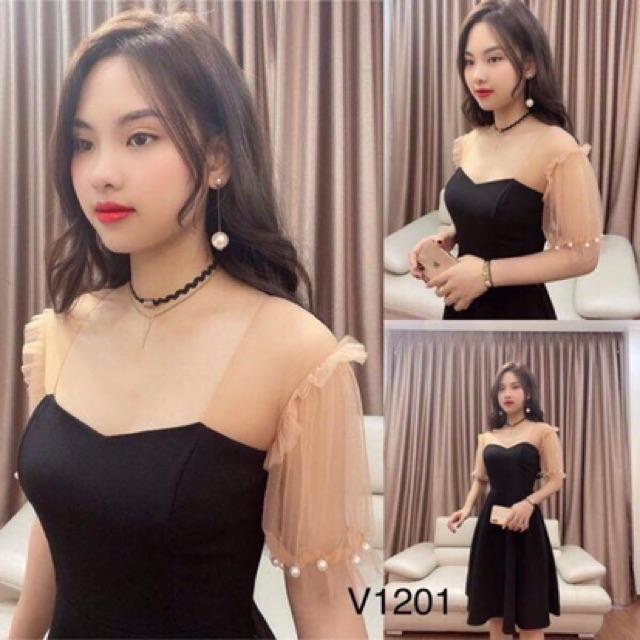 Đầm xoè tay phối lưới đính cườm xinh lung linh