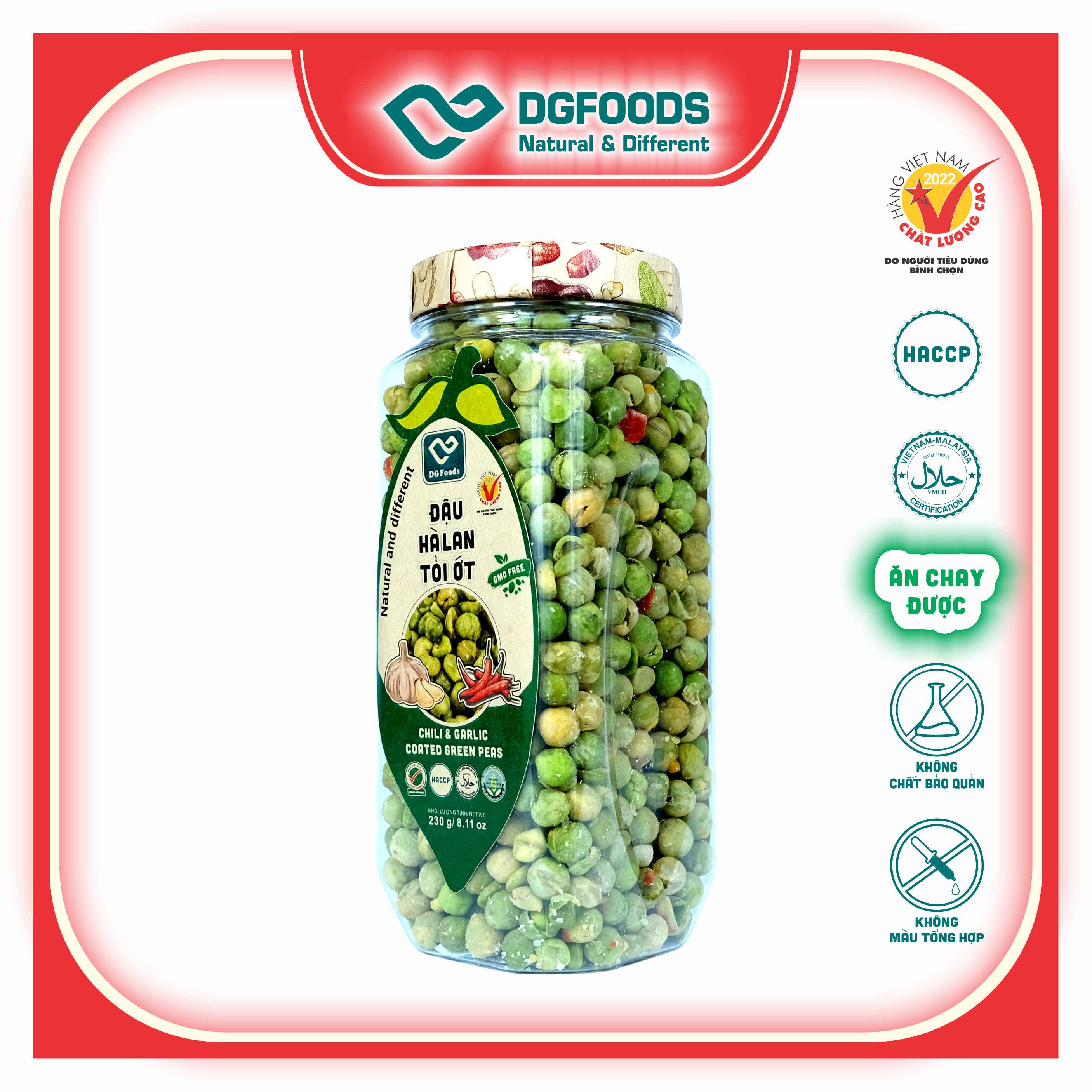Đậu Hà Lan Tỏi Ớt DGfoods 230g/ Chili &amp; garlic coated green peas/ HVNCLC, Haccp, Halal, Ăn chay, Ăn kiêng, Đặc sản Cần Thơ