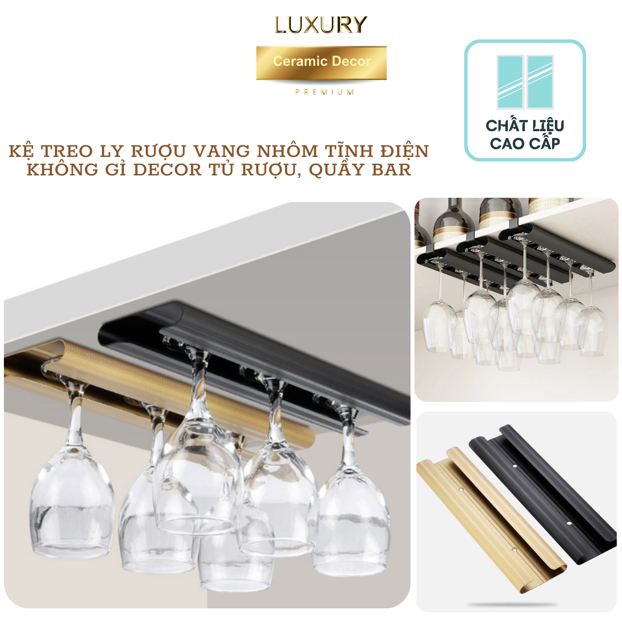 Giá Treo Ly Rượu Quầy Bar 2-3 Ly Nhôm Tĩnh Điện Cao Cấp - Hàng Nhập Khẩu