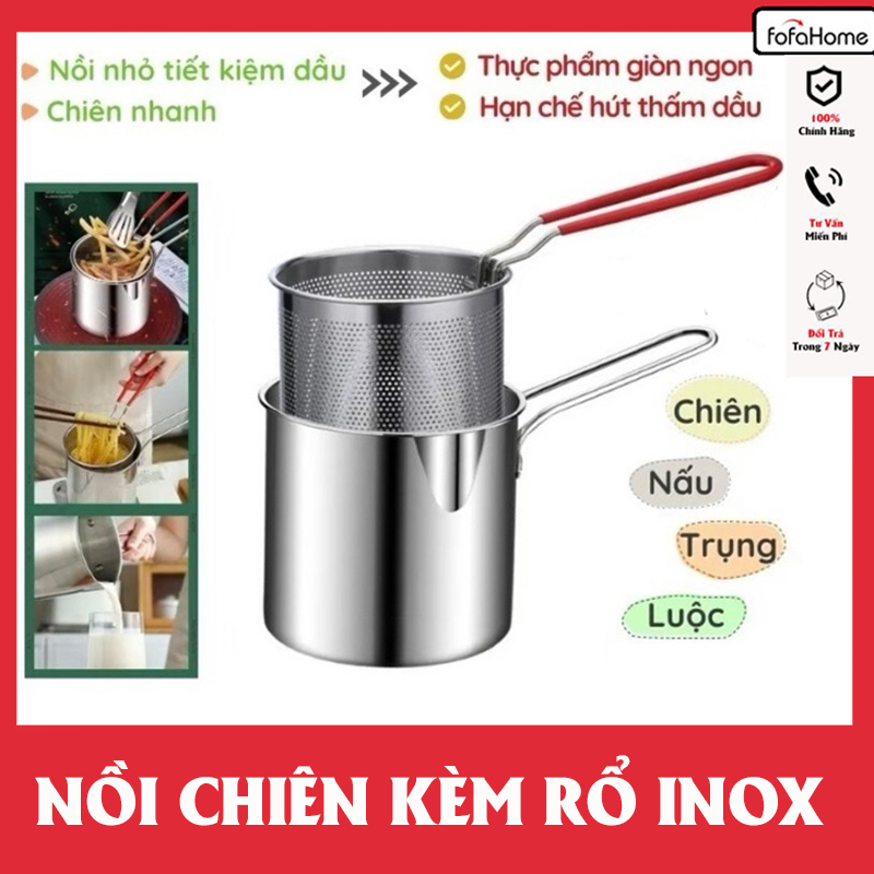 Bộ Nồi Chiên Ngập Dầu Kèm Rổ  Lọc Dầu 2 IN 1 - Nồi Chiên Nhúng Ngập Dầu Inox 304 Cao Cấp Có Tay Cầm Không Nắp Tiện Dụng